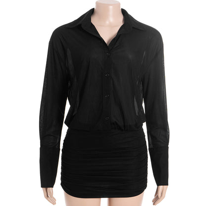 Long sleeve turnover collar button chiffon mini dress  | Festival Outfits Women
