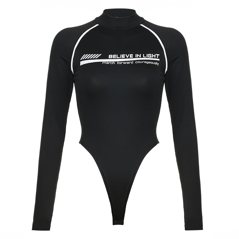 Long sleeve letter pattern high neck bodysuit  | Festival Outfits Women