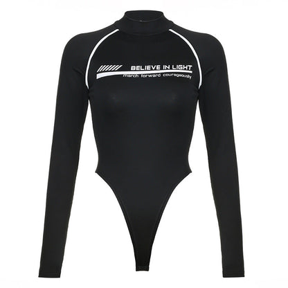 Long sleeve letter pattern high neck bodysuit  | Festival Outfits Women