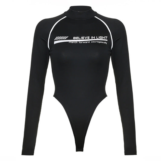 Long sleeve letter pattern high neck bodysuit  | Festival Outfits Women
