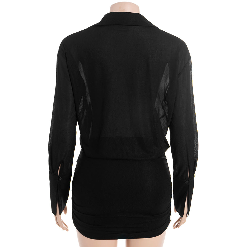 Long sleeve turnover collar button chiffon mini dress  | Festival Outfits Women