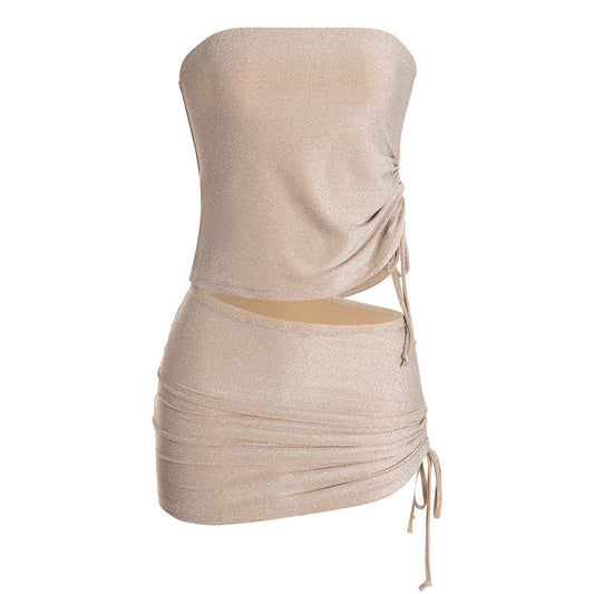 Drawstring ruched irregular tube mini skirt set  | Festival Outfits Women