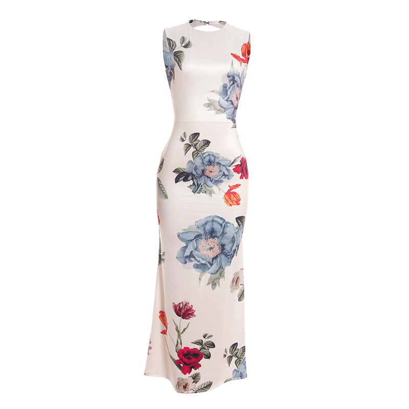 Crewneck flower print backless maxi dress  | Festival Outfits Women