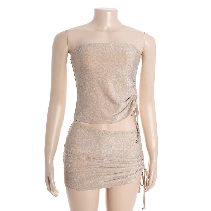 Drawstring ruched irregular tube mini skirt set  | Festival Outfits Women