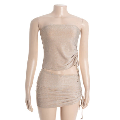 Drawstring ruched irregular tube mini skirt set  | Festival Outfits Women