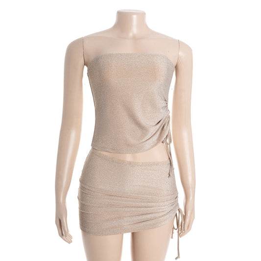 Drawstring ruched irregular tube mini skirt set  | Festival Outfits Women