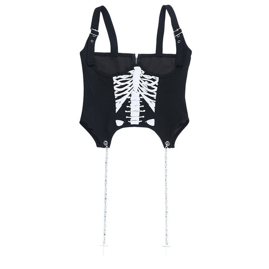 Metal chain zip-up bone pattern buckle cami top  | Festival Outfits Women