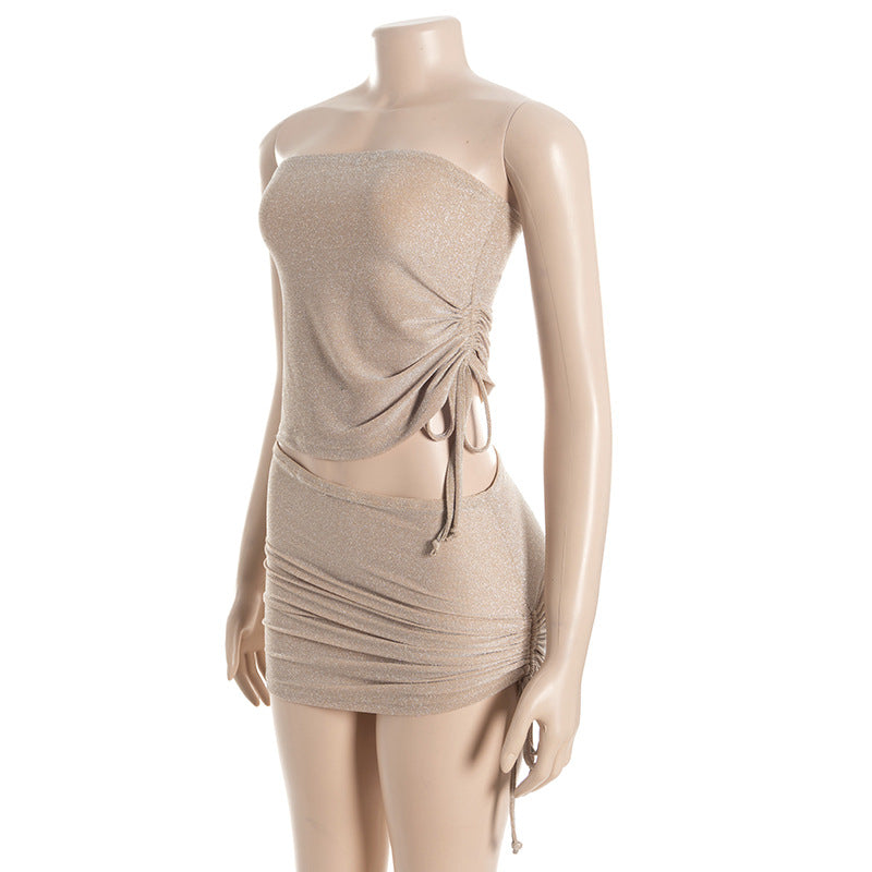Drawstring ruched irregular tube mini skirt set  | Festival Outfits Women