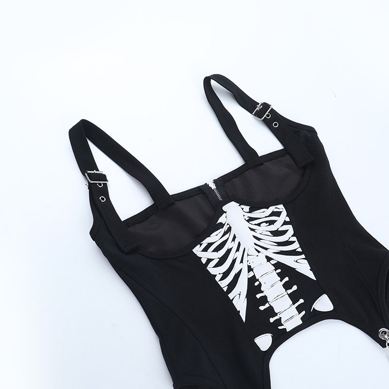 Metal chain zip-up bone pattern buckle cami top  | Festival Outfits Women