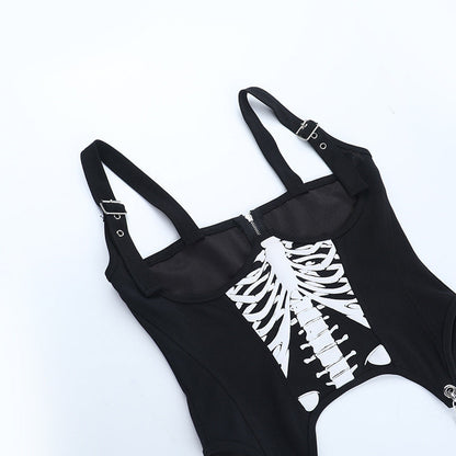 Metal chain zip-up bone pattern buckle cami top  | Festival Outfits Women