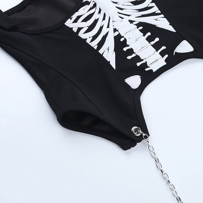 Metal chain zip-up bone pattern buckle cami top  | Festival Outfits Women