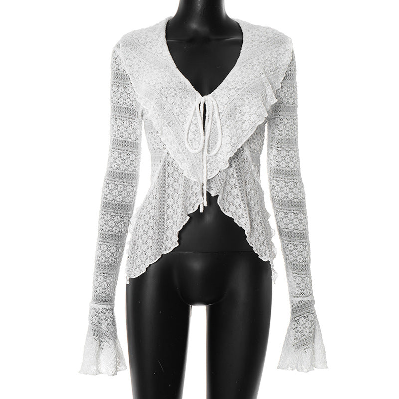Long flared sleeve self tie v neck solid top  | Festival Outfits Women