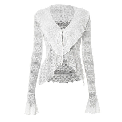 Long flared sleeve self tie v neck solid top  | Festival Outfits Women