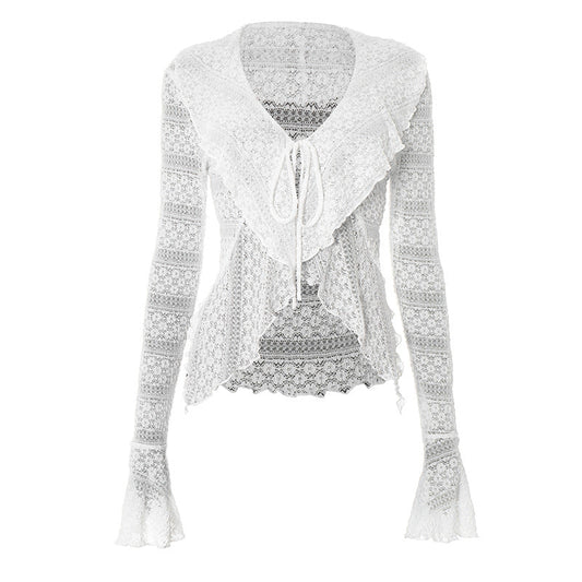 Long flared sleeve self tie v neck solid top  | Festival Outfits Women