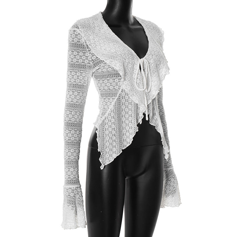 Long flared sleeve self tie v neck solid top  | Festival Outfits Women