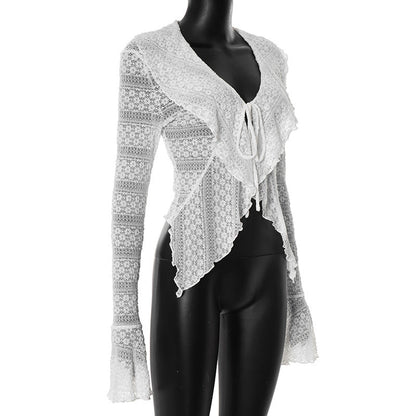 Long flared sleeve self tie v neck solid top  | Festival Outfits Women