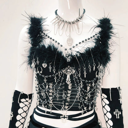Feather v neck metal chain backless cami top  | Festival Outfits Women