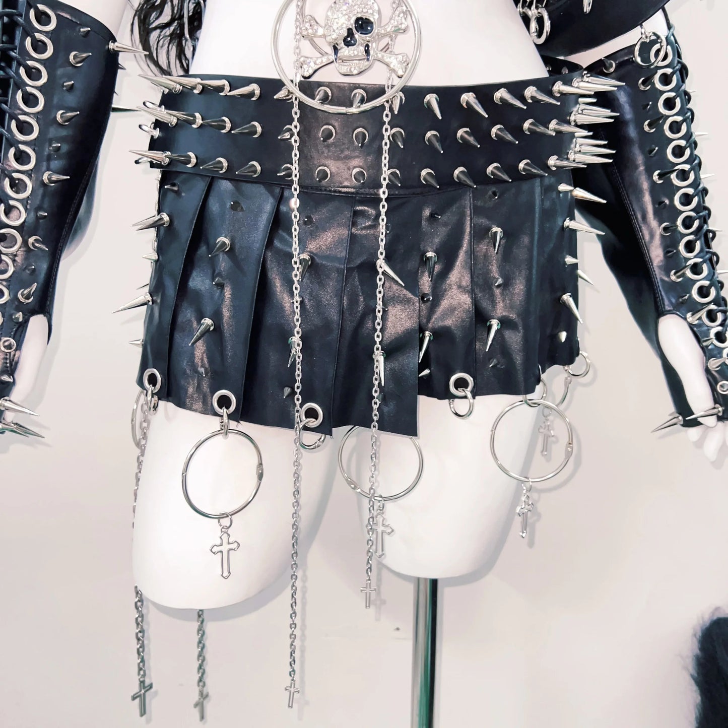 Lace up metal chain rivet applique PU leather top  | Festival Outfits Women