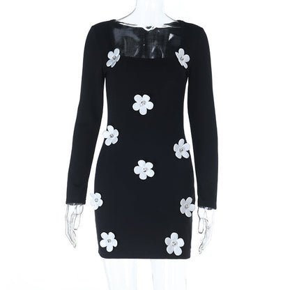 Long sleeve u neck flower applique mini dress  | Festival Outfits Women