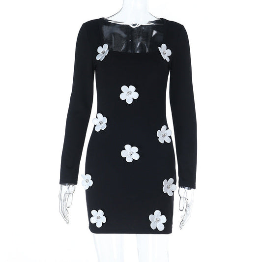 Long sleeve u neck flower applique mini dress  | Festival Outfits Women