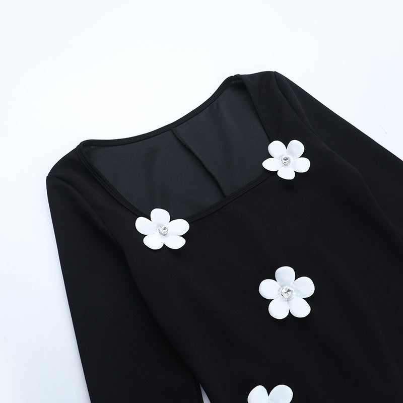 Long sleeve u neck flower applique mini dress  | Festival Outfits Women