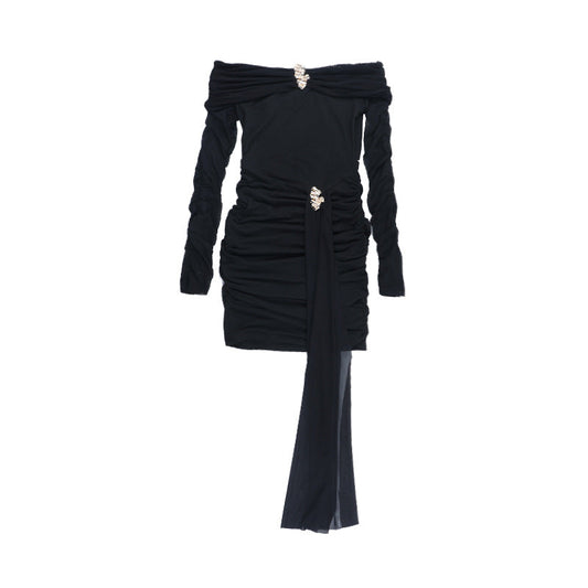 Off shoulder long sleeve mesh ruched mini dress  | Festival Outfits Women
