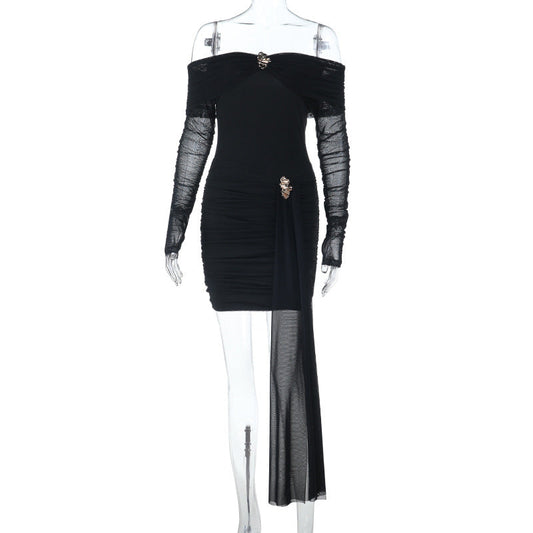 Off shoulder long sleeve mesh ruched mini dress  | Festival Outfits Women
