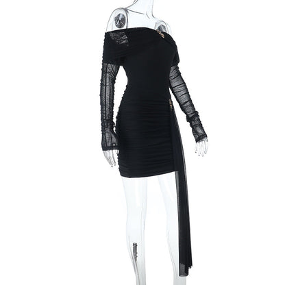 Off shoulder long sleeve mesh ruched mini dress  | Festival Outfits Women