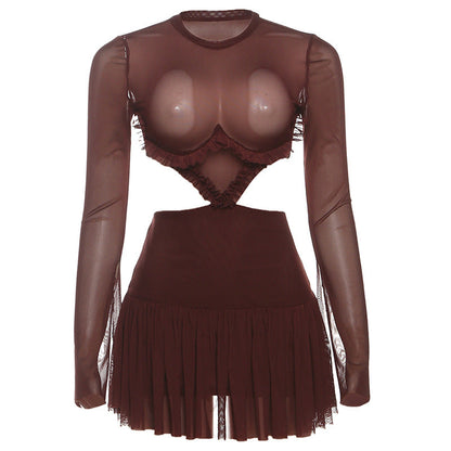 Crewneck long sleeve mesh ruched mini dress  | Festival Outfits Women
