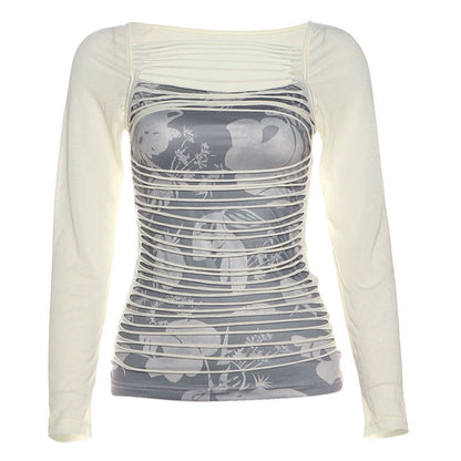 Long sleeve print hollow out contrast cut out top  | Festival Outfits Women