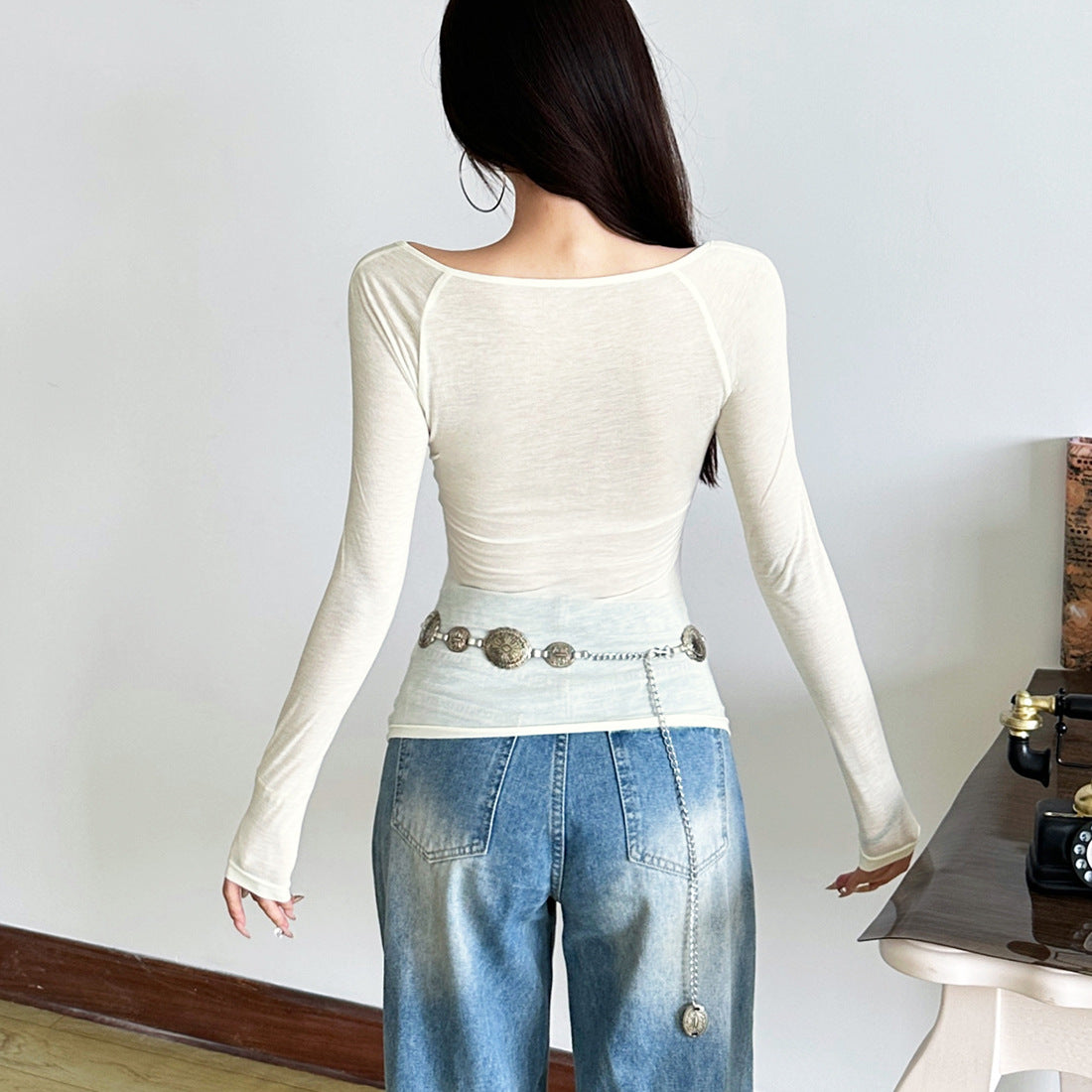 Long sleeve print hollow out contrast cut out top  | Festival Outfits Women