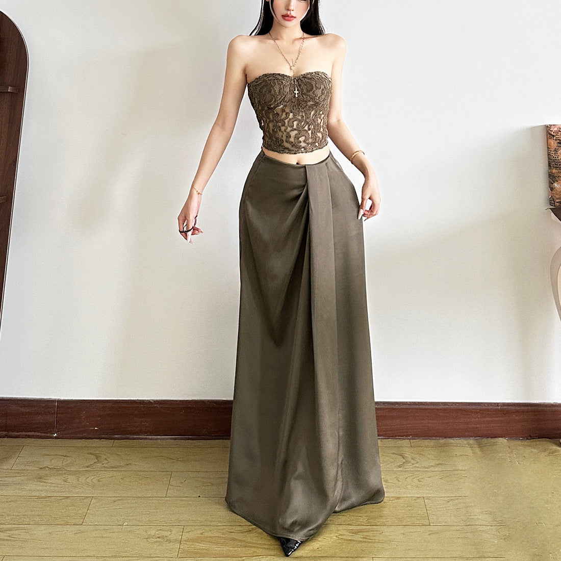 Irregular zip-up ruched solid maxi skirt  | Festival Outfits Women