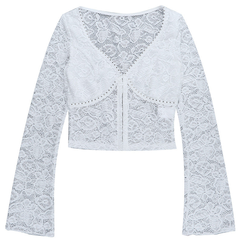 V neck button long sleeve lace top  | Festival Outfits Women