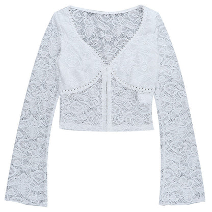 V neck button long sleeve lace top  | Festival Outfits Women