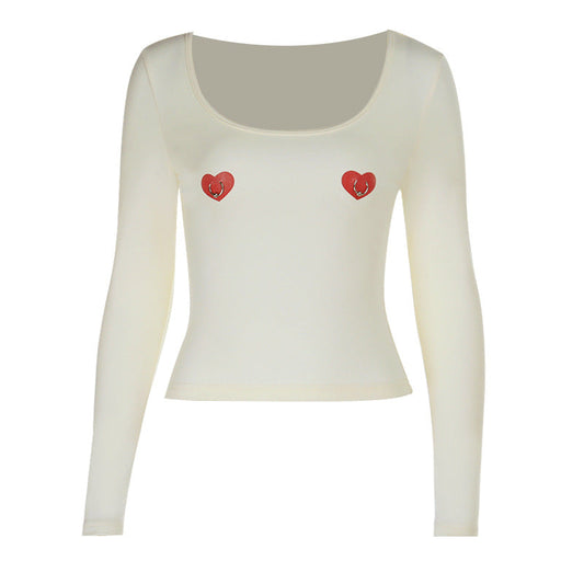 U neck long sleeve sweetheart print o ring top  | Festival Outfits Women