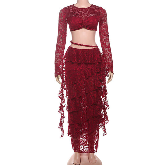 Long sleeve lace crewneck hollow out maxi skirt set  | Festival Outfits Women
