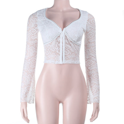 V neck button long sleeve lace top  | Festival Outfits Women