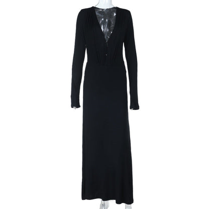 V neck long sleeve button ruched maxi dress  | Festival Outfits Women