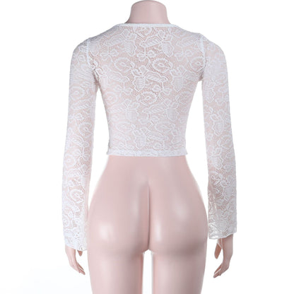 V neck button long sleeve lace top  | Festival Outfits Women