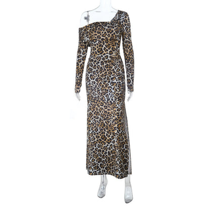 Leopard print one shoulder long sleeve slit maxi dress  | Festival Outfits Women