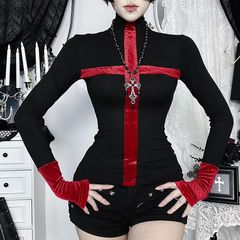 High neck cross pattern long sleeve top  | Festival Outfits Women