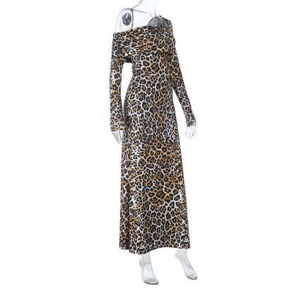 Leopard print one shoulder long sleeve slit maxi dress  | Festival Outfits Women