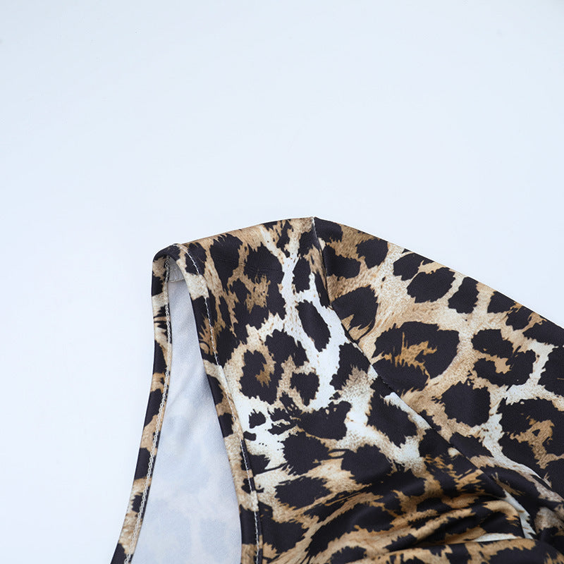 Leopard print one shoulder long sleeve slit maxi dress  | Festival Outfits Women