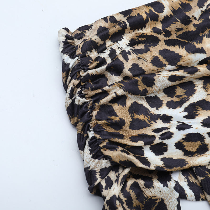 Leopard print one shoulder long sleeve slit maxi dress  | Festival Outfits Women