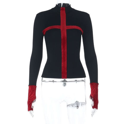 High neck cross pattern long sleeve top  | Festival Outfits Women