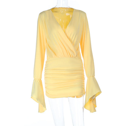 Long flared sleeve v neck ruched solid mini dress  | Festival Outfits Women