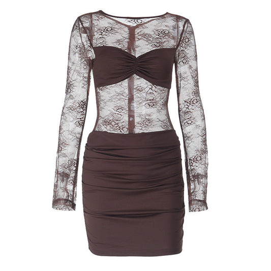 Long sleeve ruched lace zip-up mini dress  | Festival Outfits Women