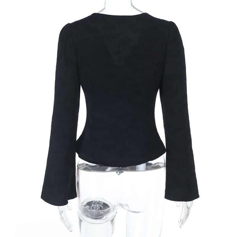 V neck button long sleeve lace hem top  | Festival Outfits Women