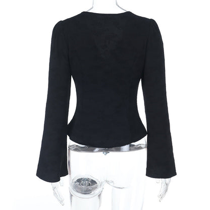 V neck button long sleeve lace hem top  | Festival Outfits Women
