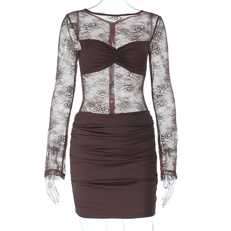Long sleeve ruched lace zip-up mini dress  | Festival Outfits Women